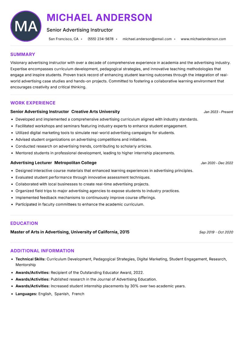 Advertising Instructor resume example — ATS-friendly template