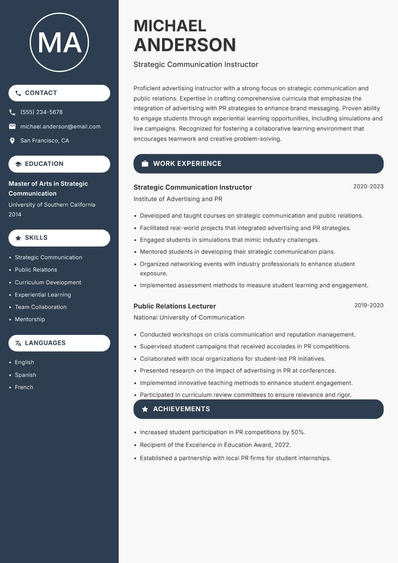 Advertising Instructor resume template — Compact