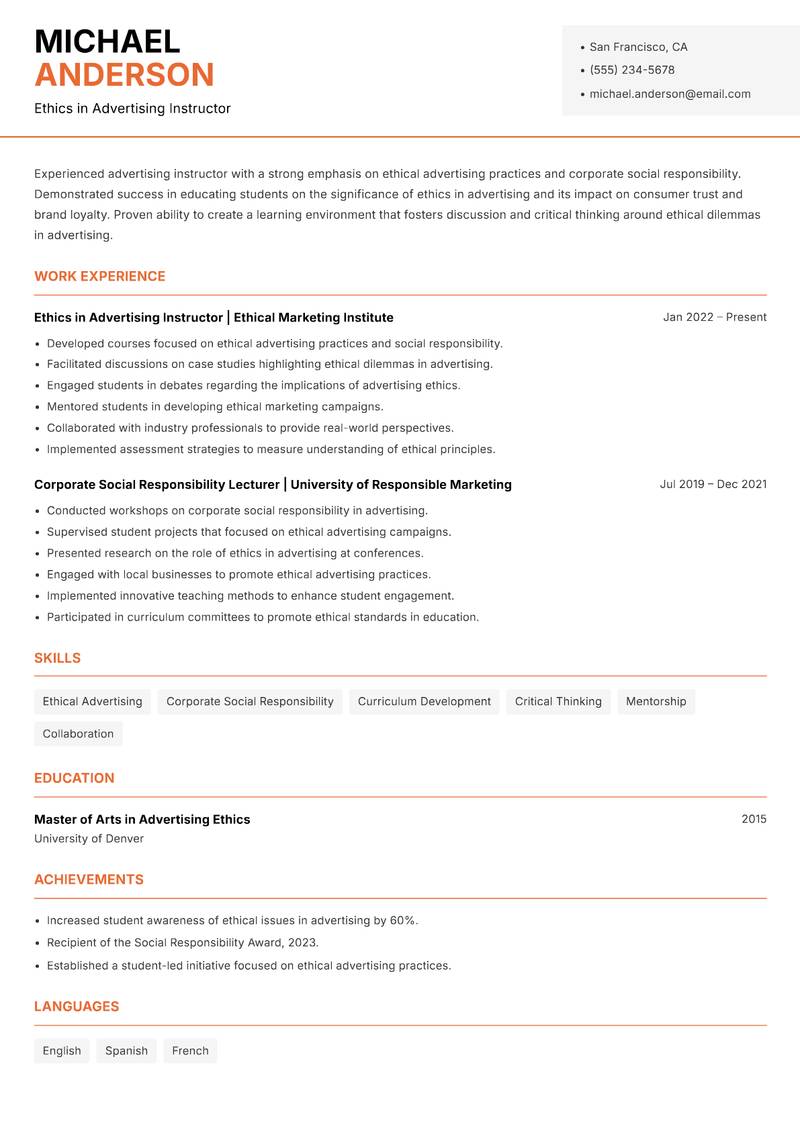 Advertising Instructor resume template — Modern Professional