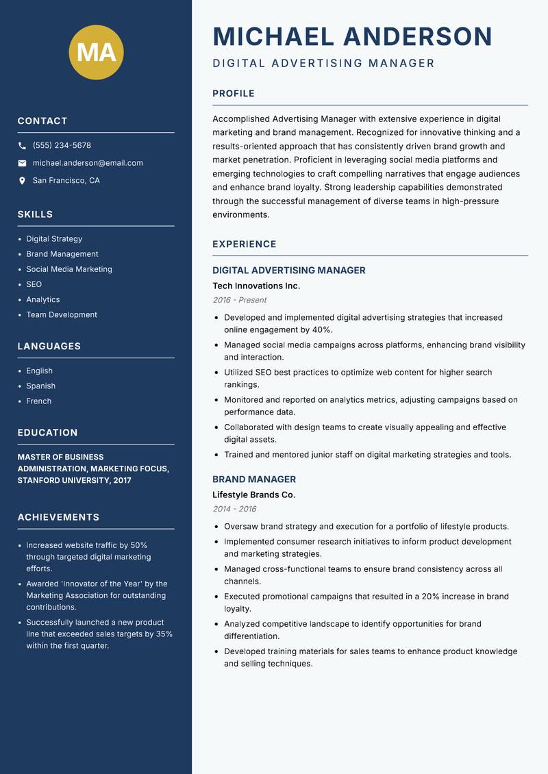 Advertising Manager resume template — Classic Clean