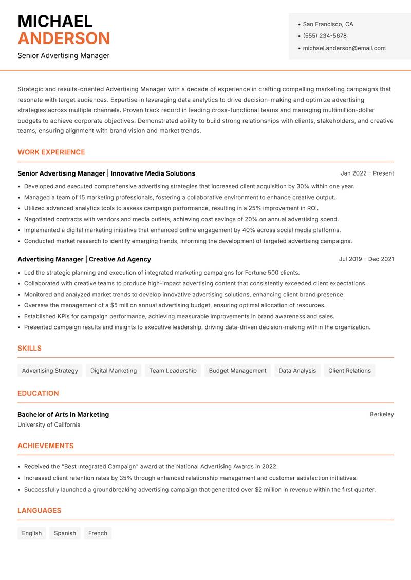 Advertising Manager resume template — Modern Professional