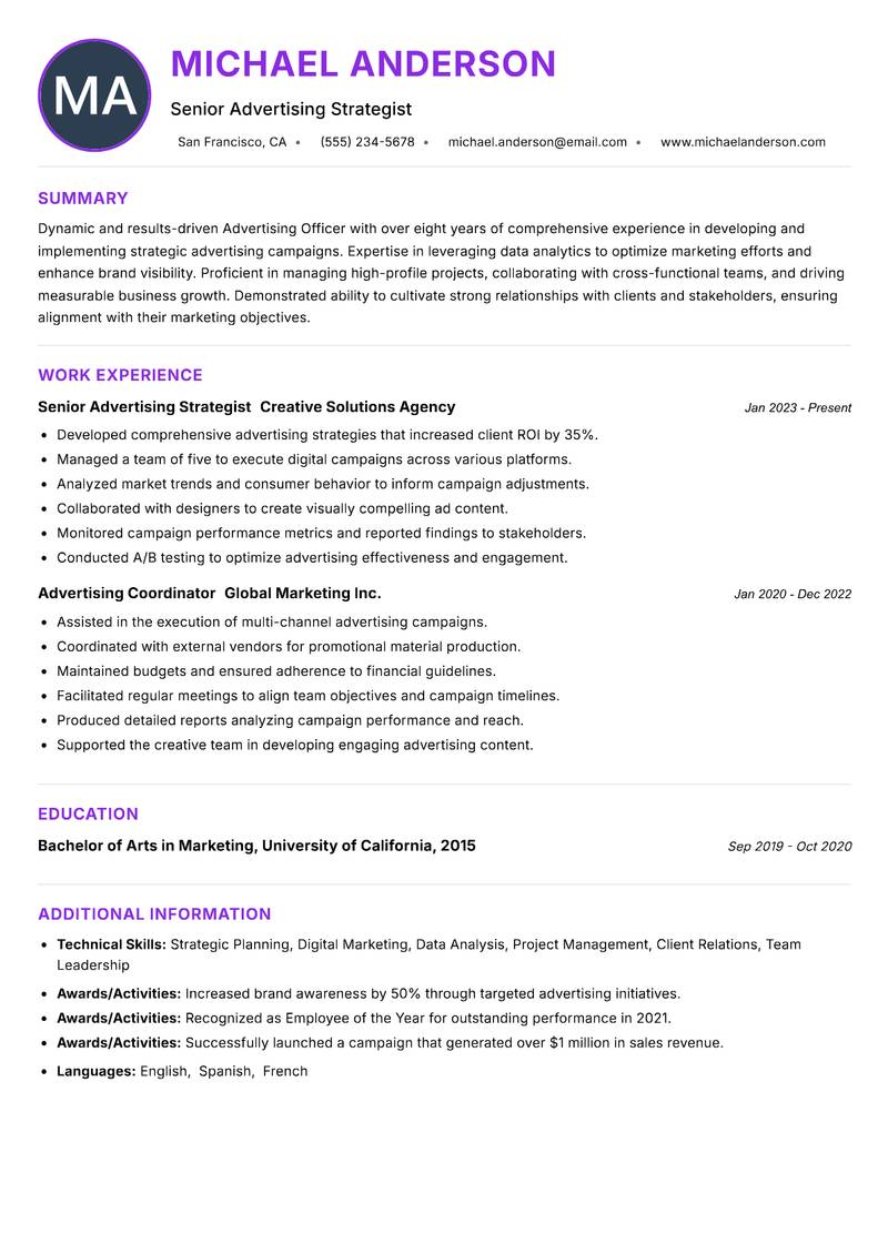 Advertising Officer resume example — ATS-friendly template