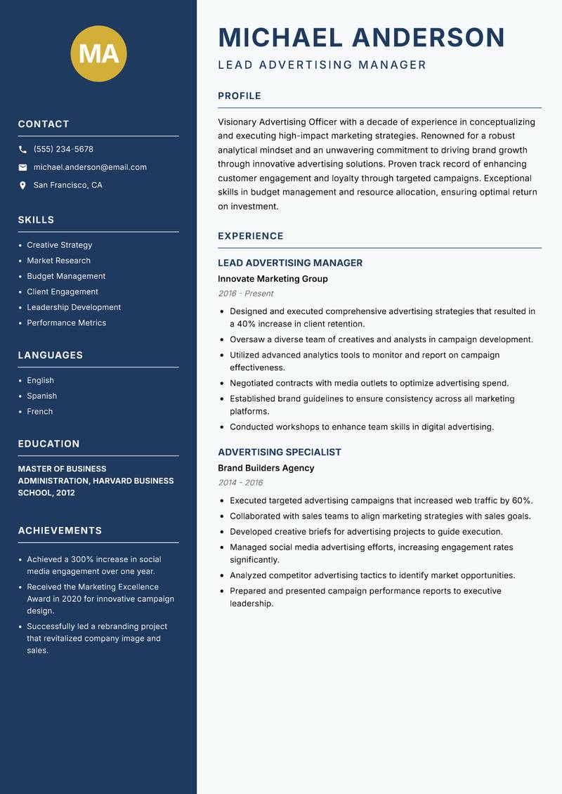 Advertising Officer resume template — Classic Clean