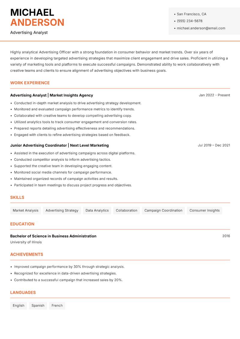 Advertising Officer resume template — Modern Professional