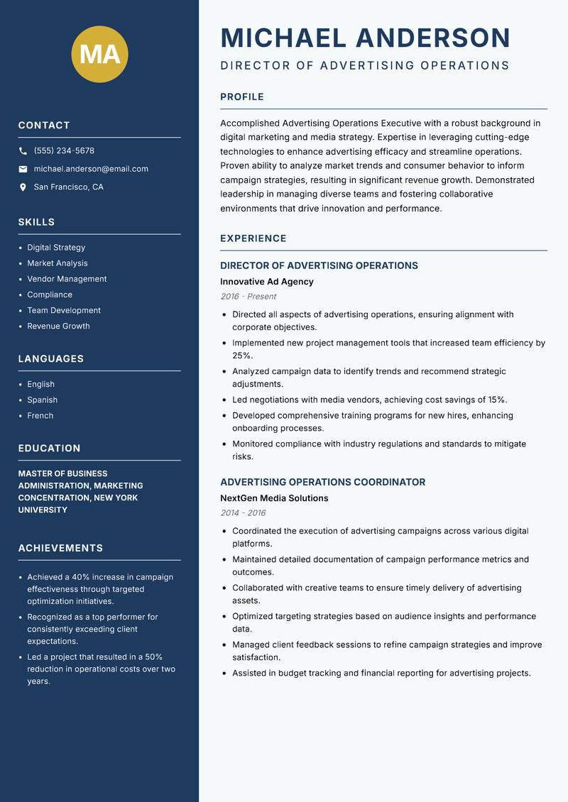 Advertising Operations Executive resume template — Classic Clean