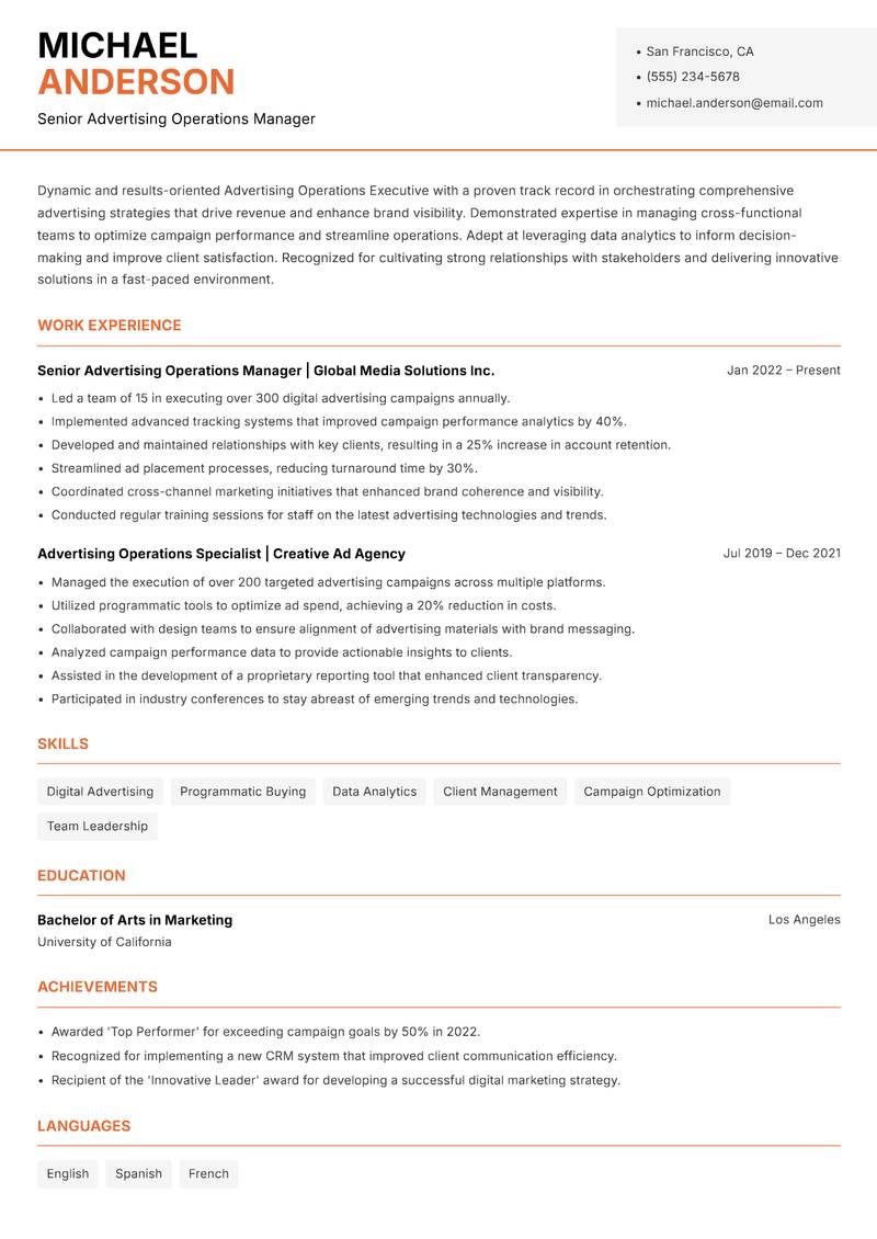 Advertising Operations Executive resume template — Modern Professional