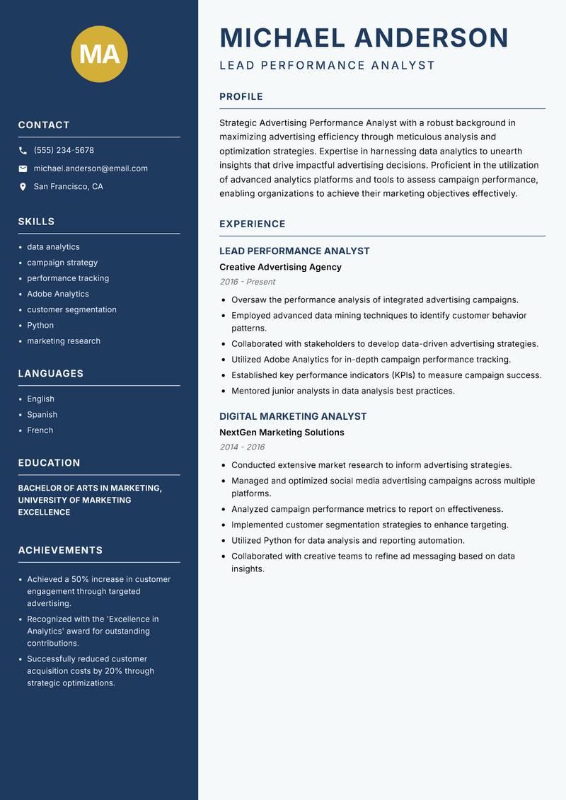 Advertising Performance Analyst resume template — Classic Clean