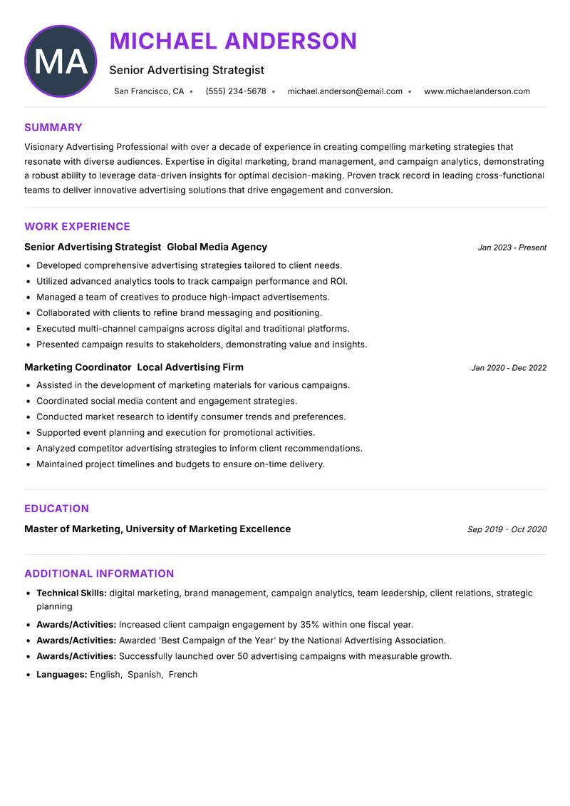 Advertising Professional resume example — ATS-friendly template
