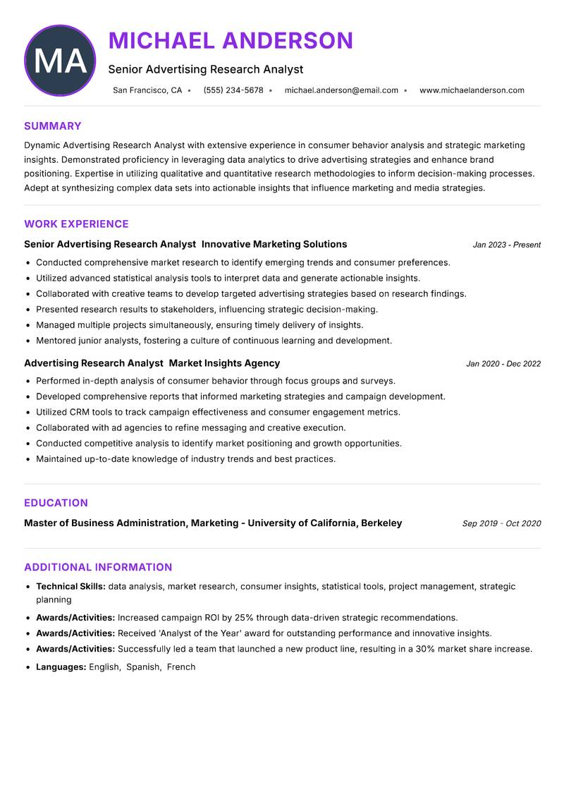 Advertising Research Analyst resume example — ATS-friendly template