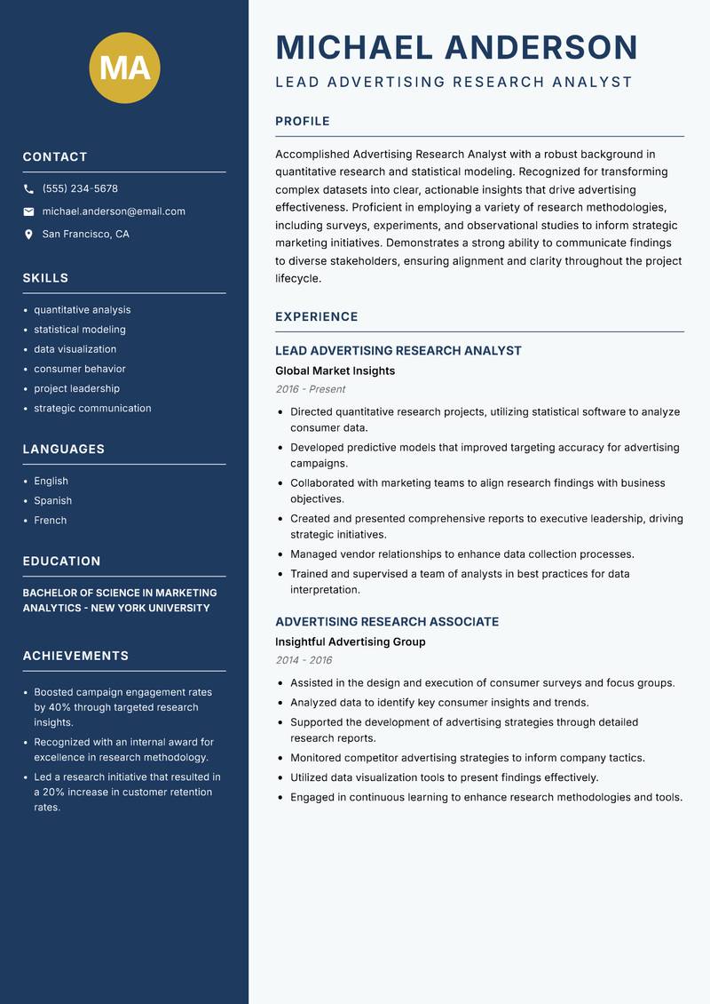 Advertising Research Analyst resume template — Classic Clean