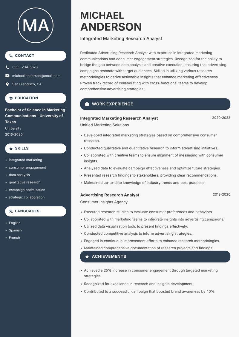 Advertising Research Analyst resume template — Compact