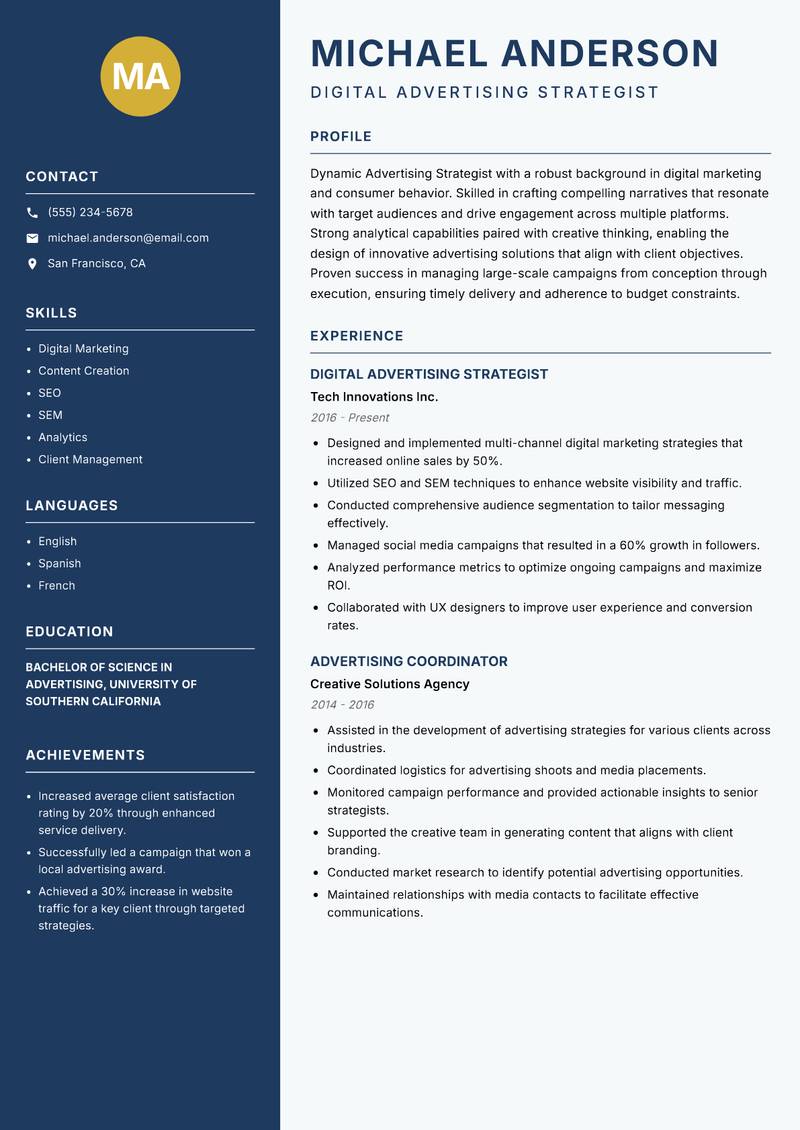 Advertising Strategist resume template — Classic Clean