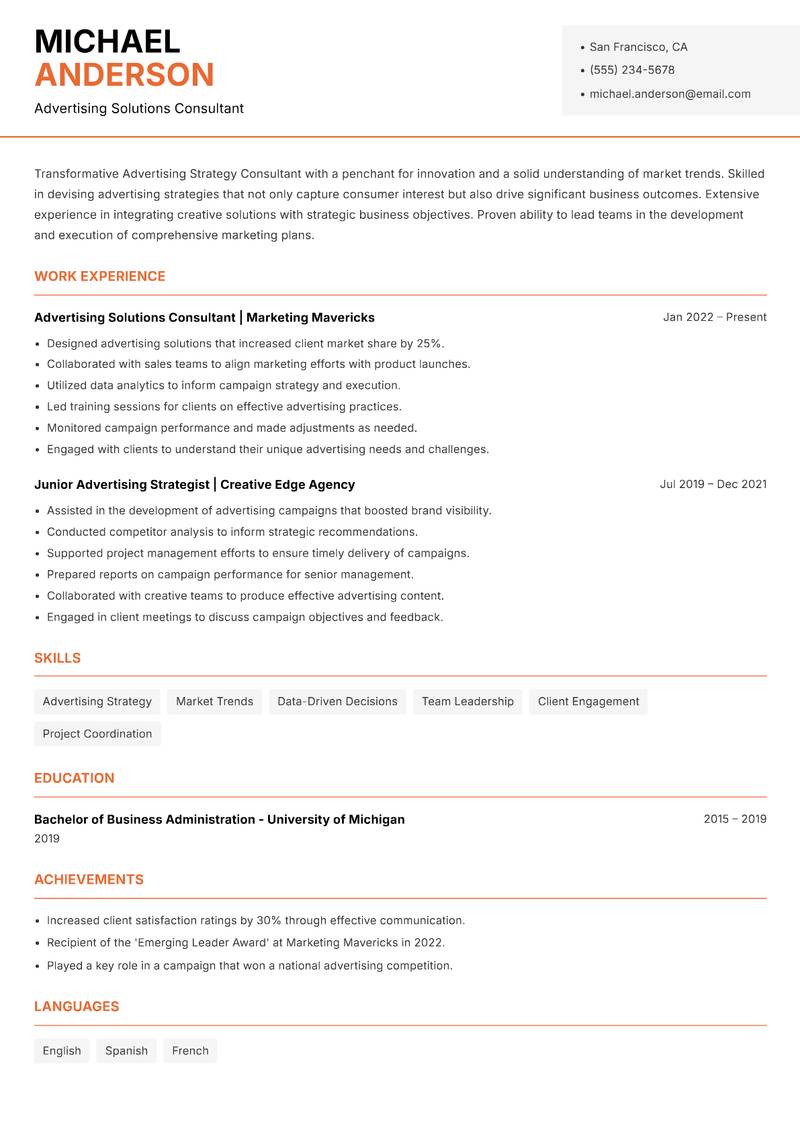 Advertising Strategy Consultant resume template — Modern Professional