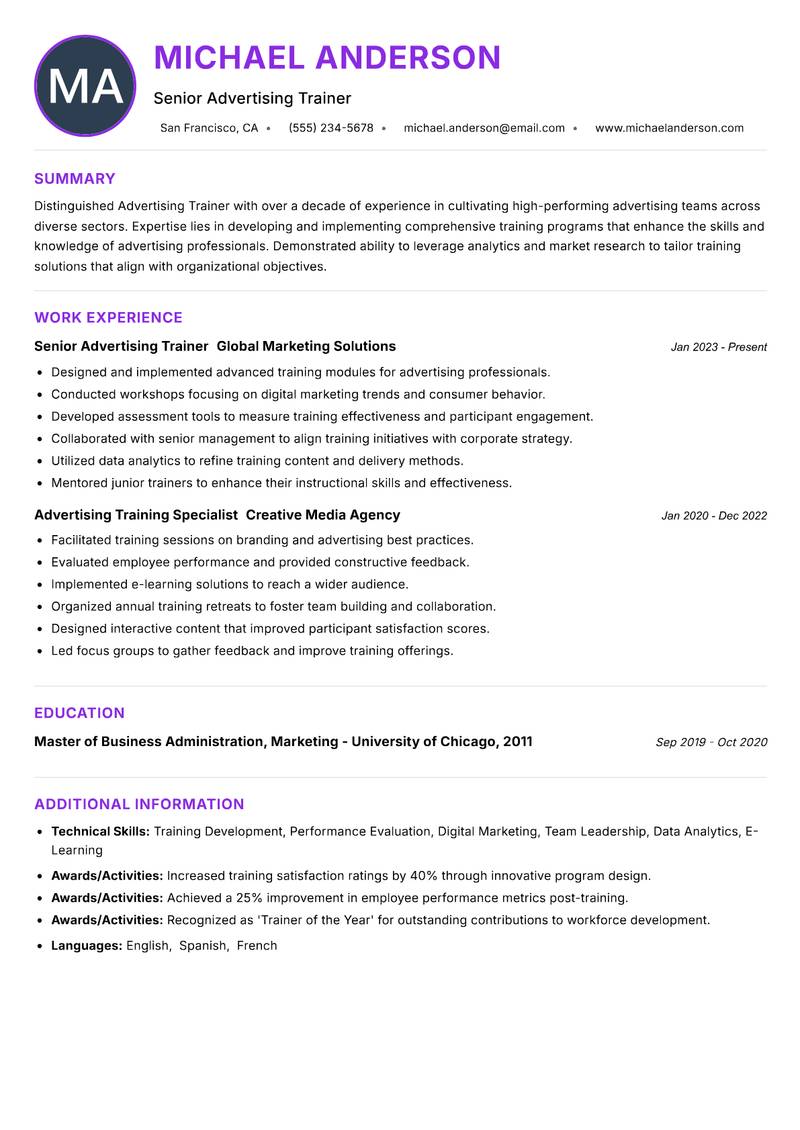 Advertising Trainer resume example — ATS-friendly template