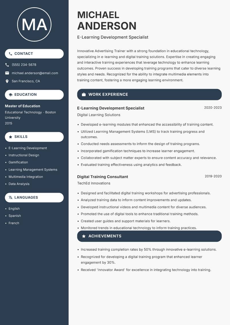 Advertising Trainer resume template — Compact