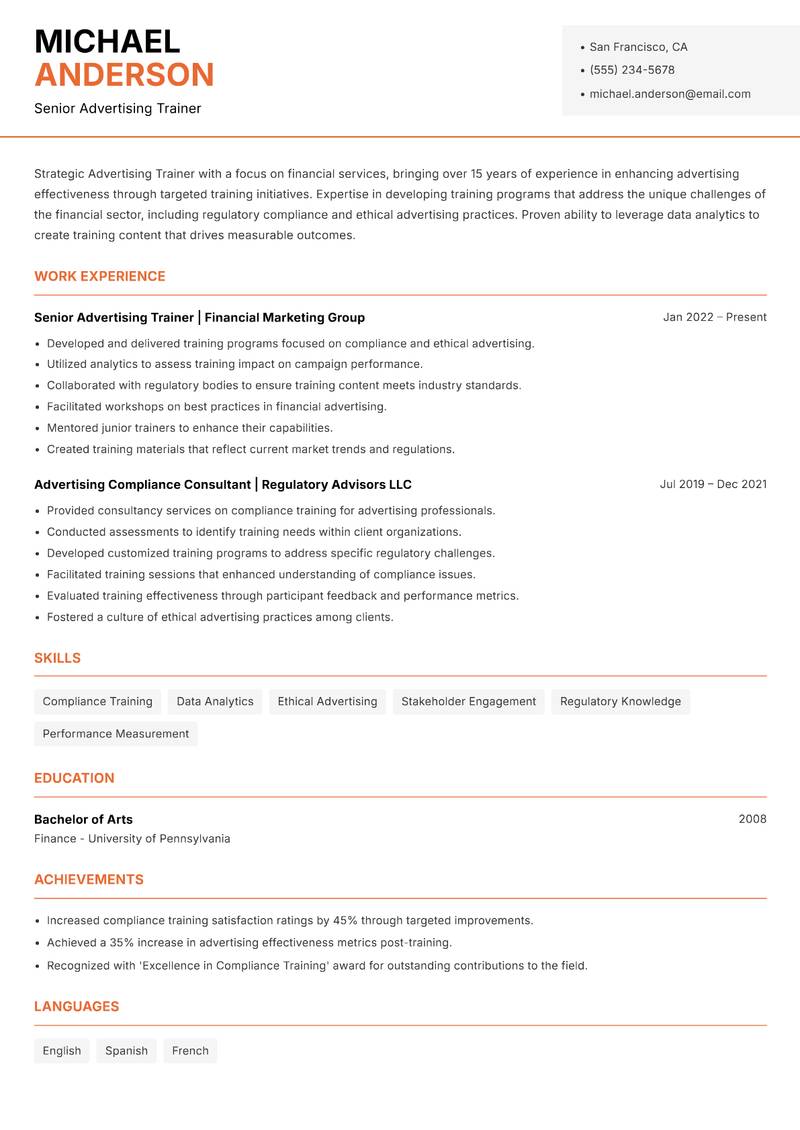 Advertising Trainer resume template — Modern Professional