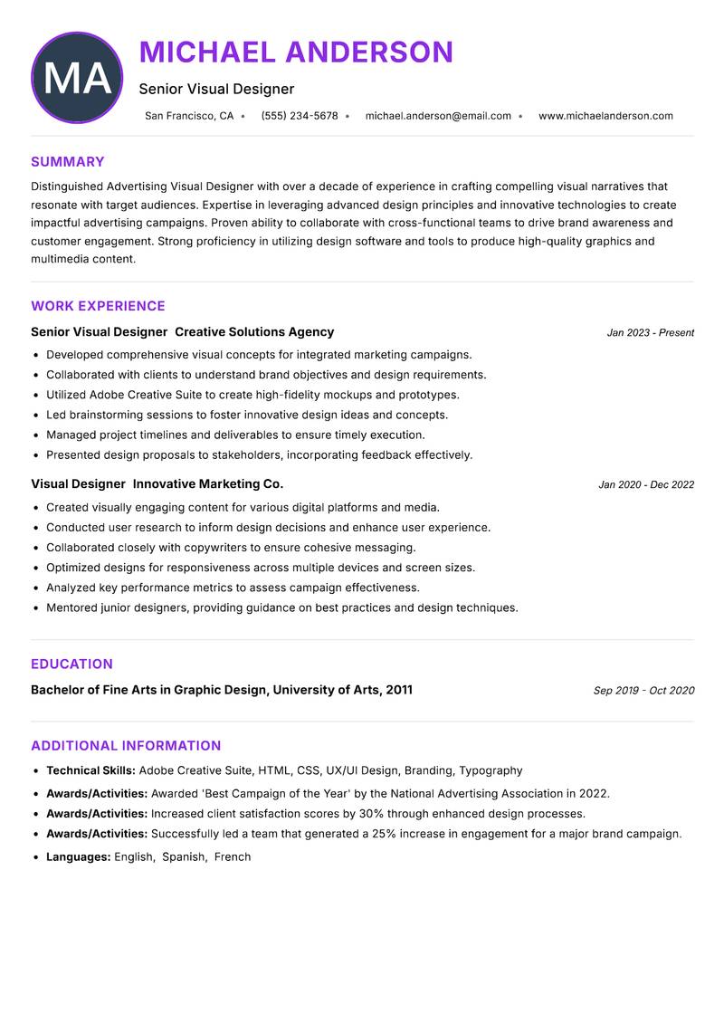 Advertising Visual Designer resume example — Visual Communication