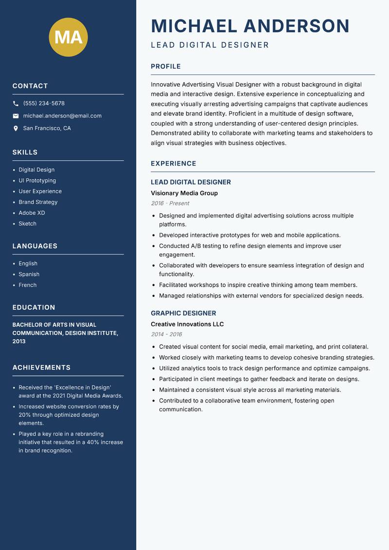 Advertising Visual Designer resume template — Classic Clean