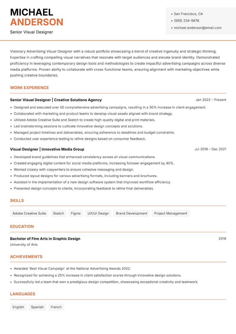 Advertising Visual Designer resume template — Modern Professional