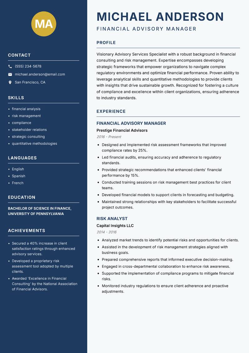 Advisory Services Specialist resume template — Classic Clean