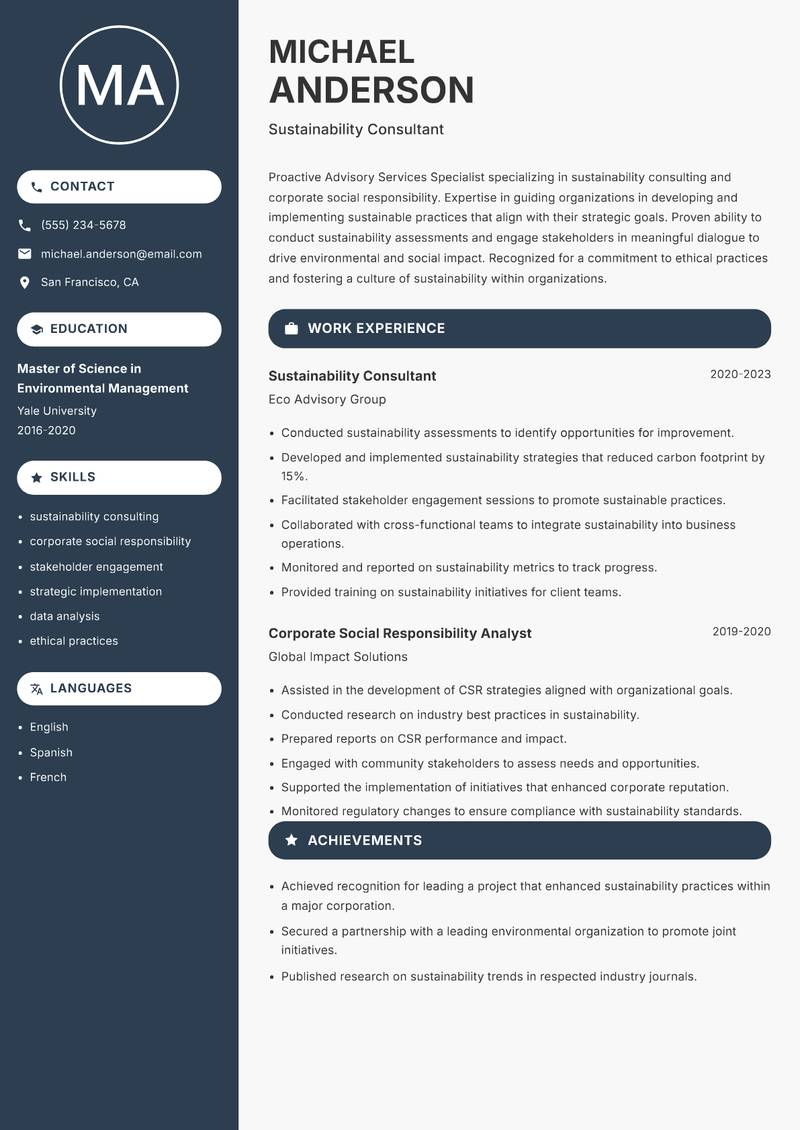 Advisory Services Specialist resume template — Compact