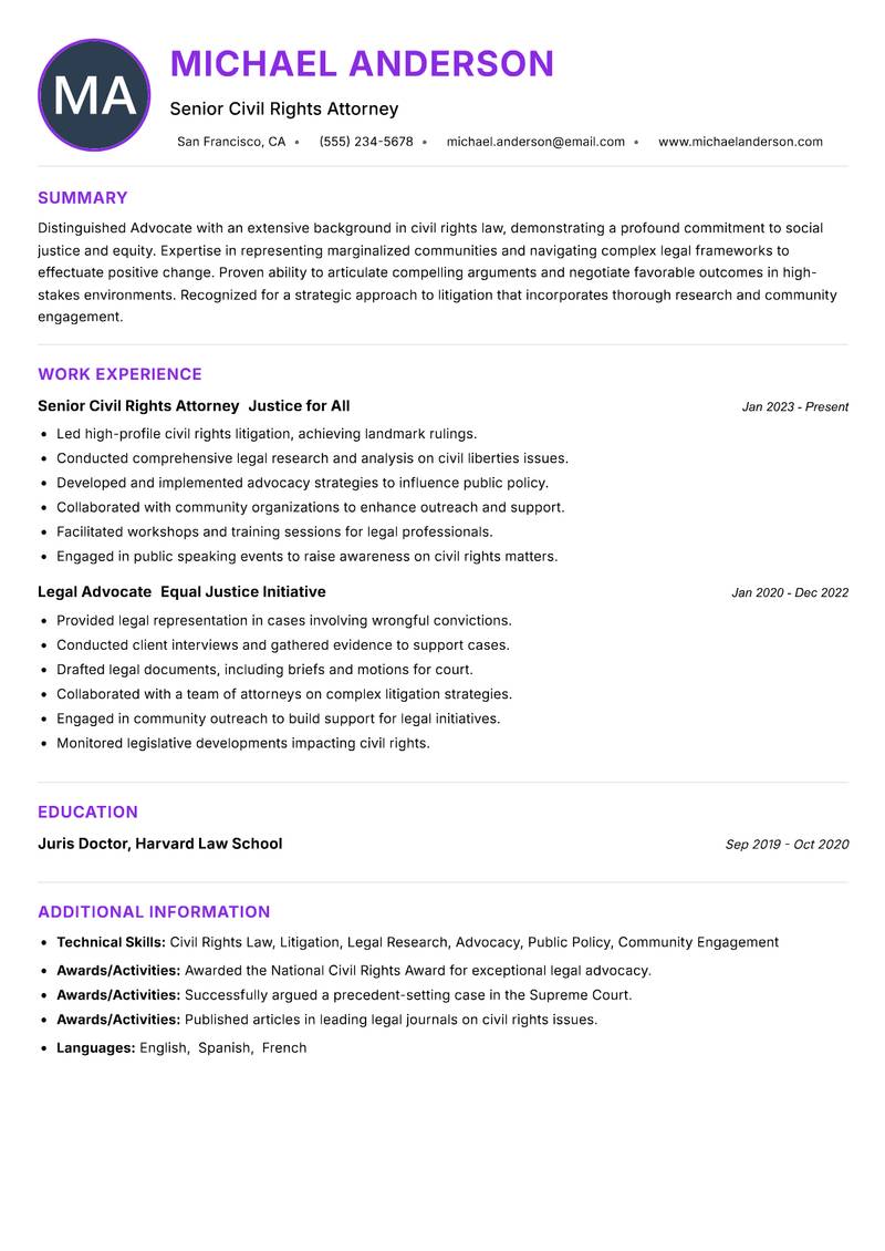 Advocate resume example — Legal Services