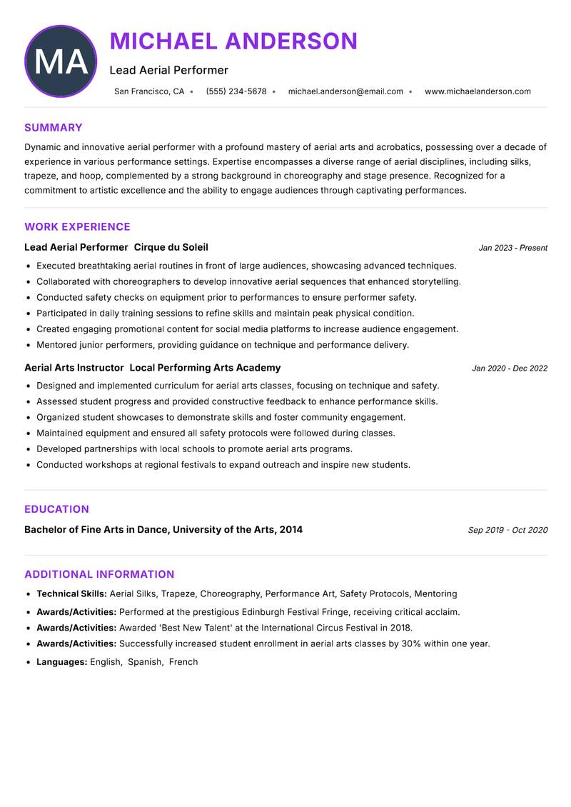 Aerial Performer resume example — ATS-friendly template