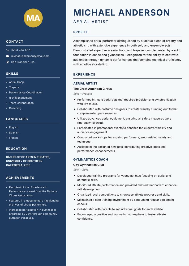 Aerial Performer resume template — Classic Clean