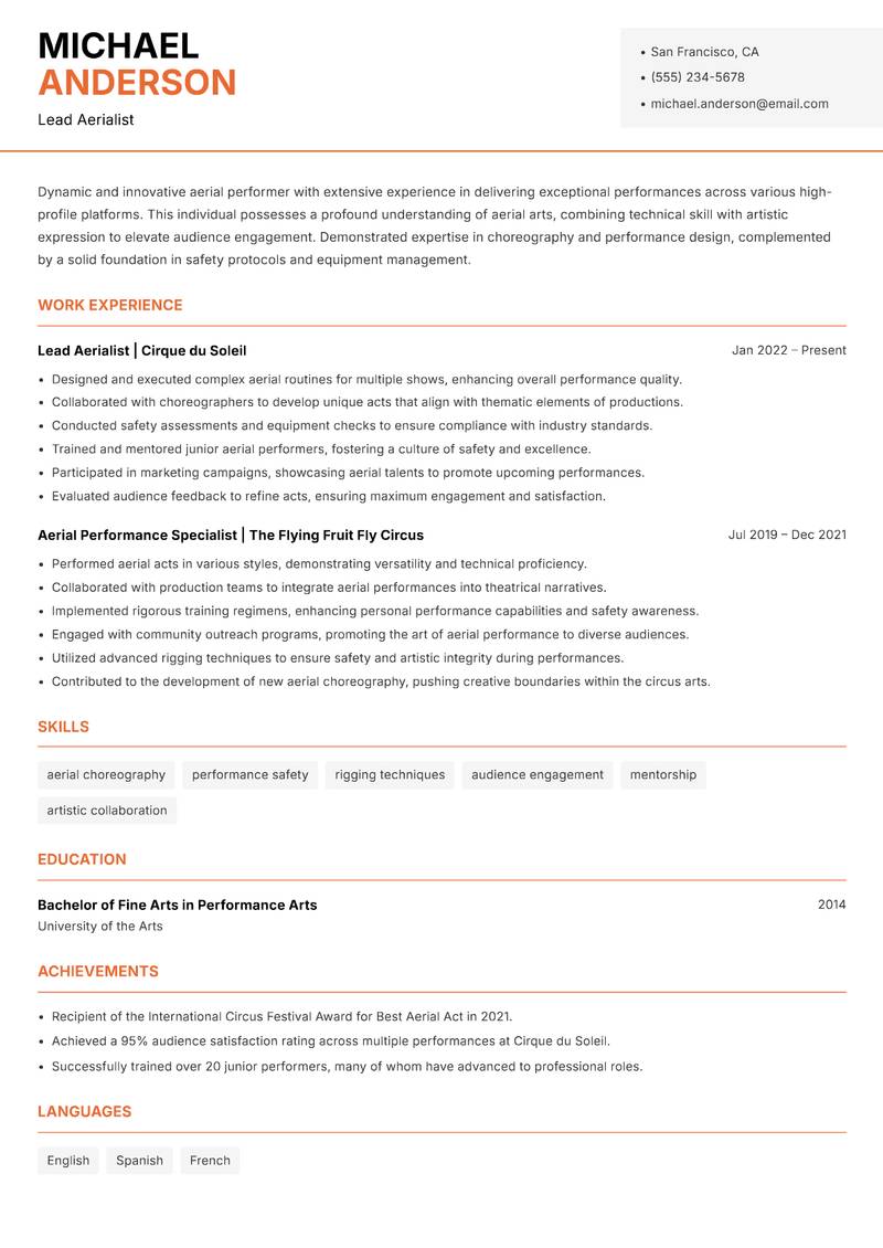 Aerial Performer resume template — Modern Professional