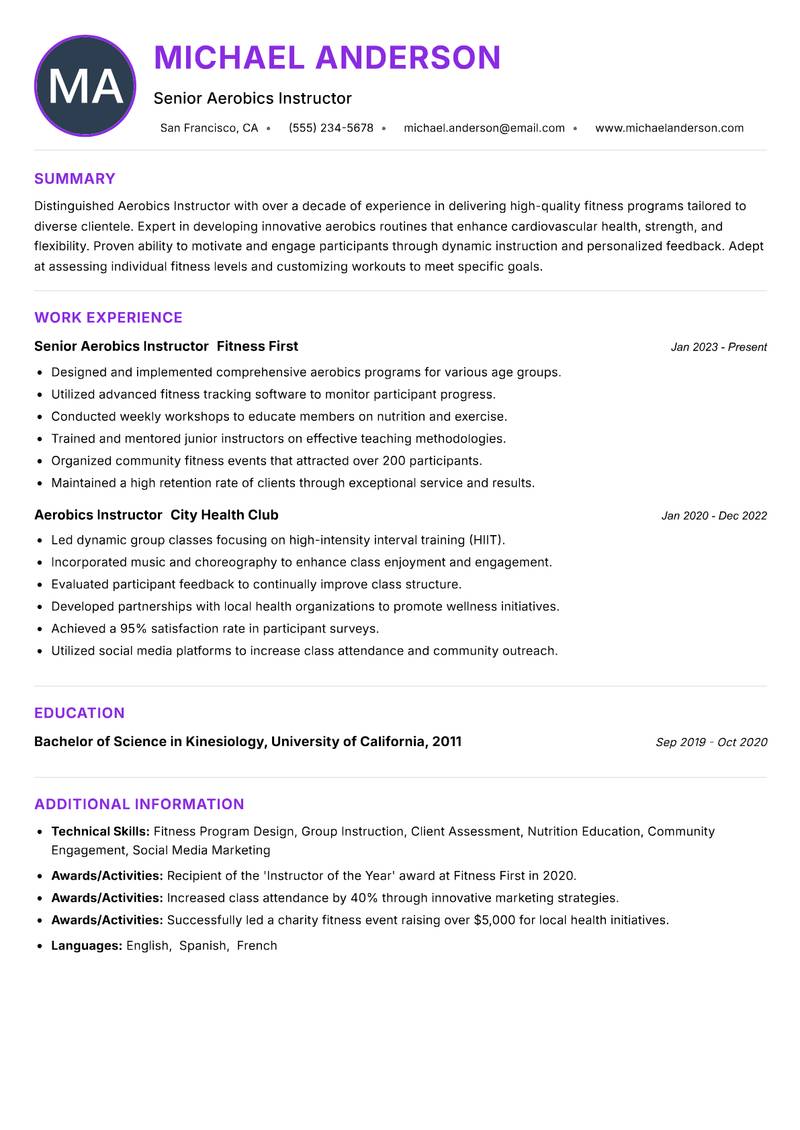 Aerobics Instructor resume example — Fitness & Wellness