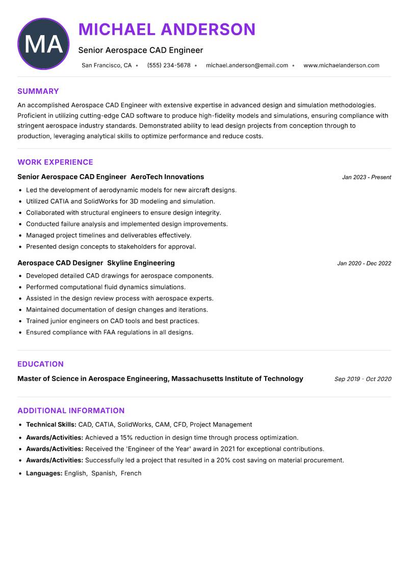 Aerospace CAD Engineer resume example — ATS-friendly template