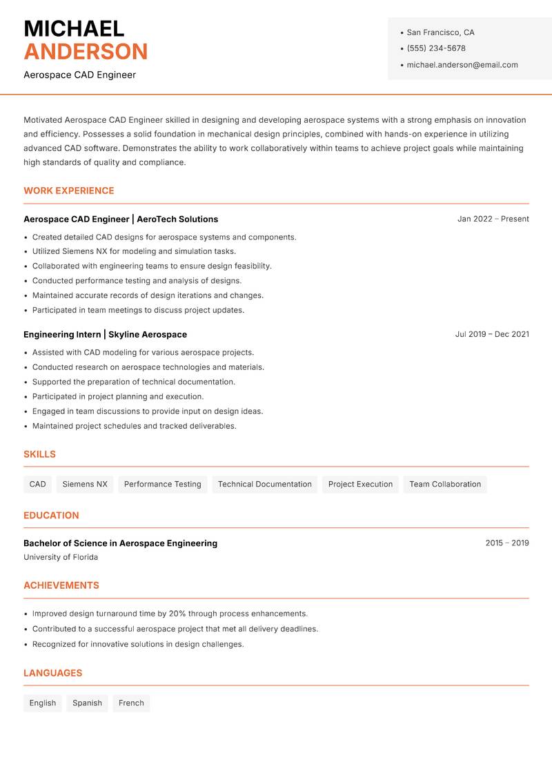 Aerospace CAD Engineer resume template — Modern Professional