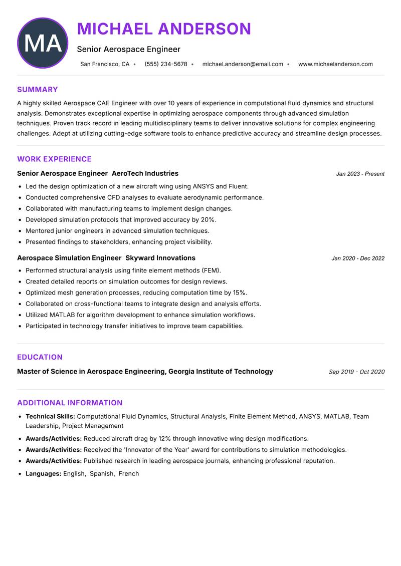 Aerospace CAE Engineer resume example — ATS-friendly template