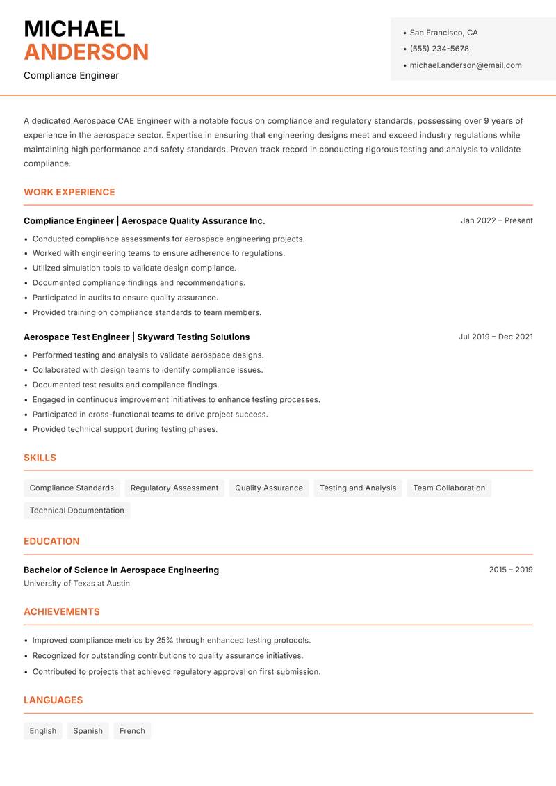 Aerospace CAE Engineer resume template — Modern Professional