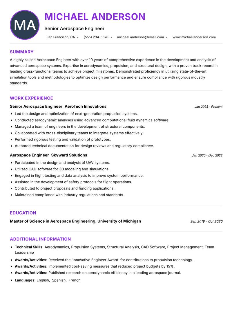 Aerospace Engineer resume example — ATS-friendly template