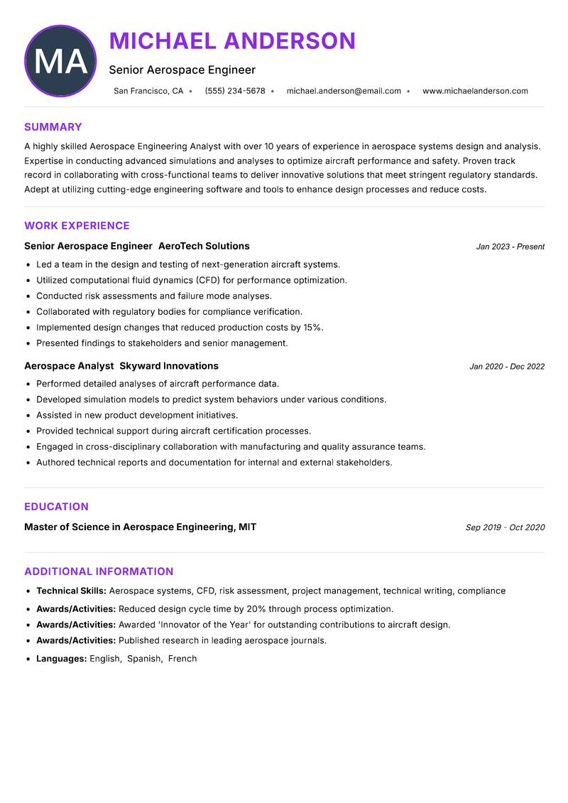 Aerospace Engineering Analyst resume example — ATS-friendly template