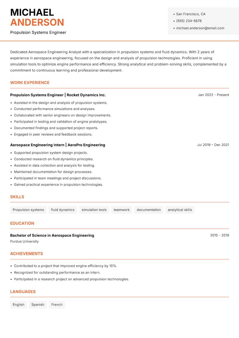 Aerospace Engineering Analyst resume template — Modern Professional