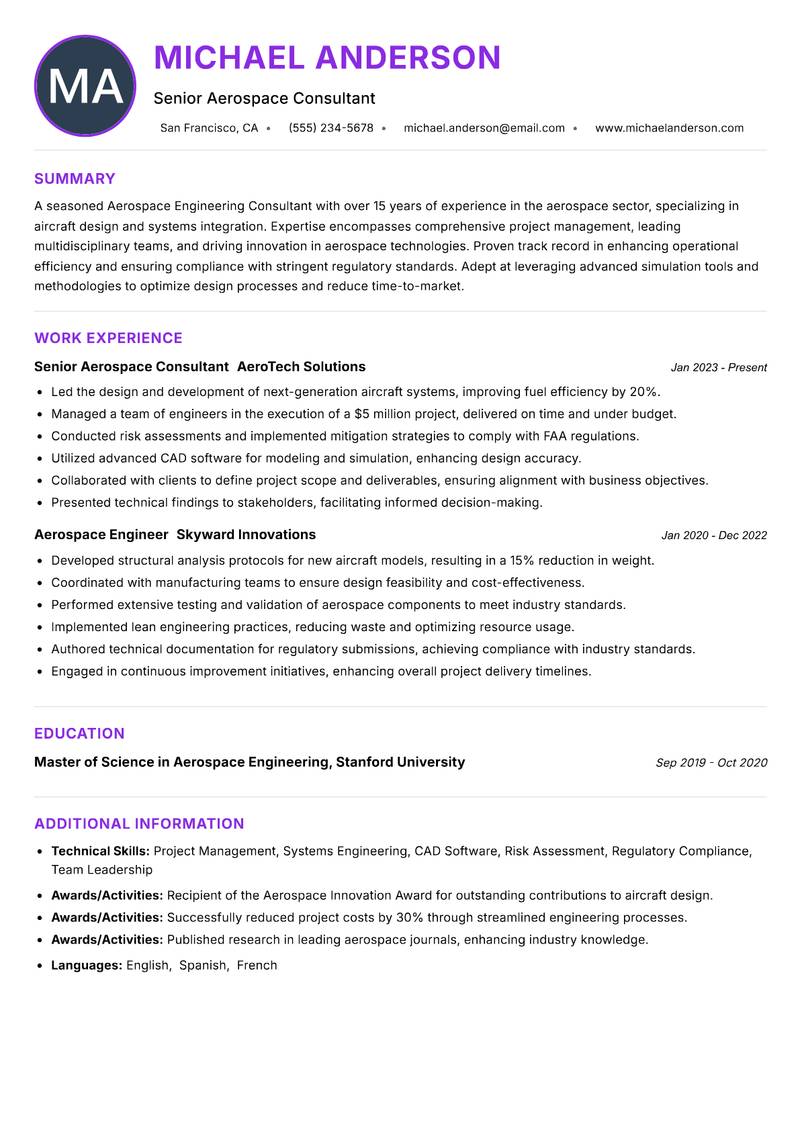 Aerospace Engineering Consultant resume example — ATS-friendly template