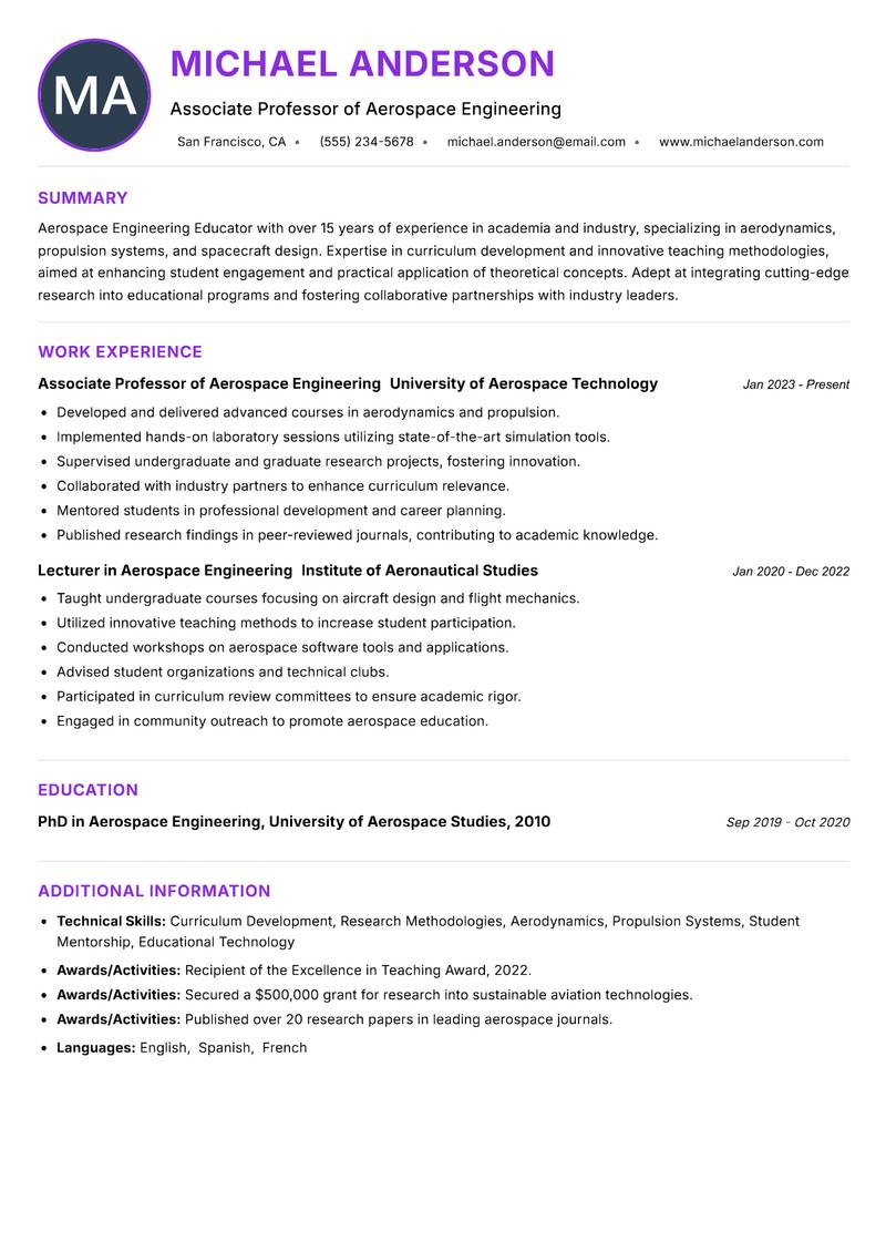 Aerospace Engineering Educator resume example — ATS-friendly template