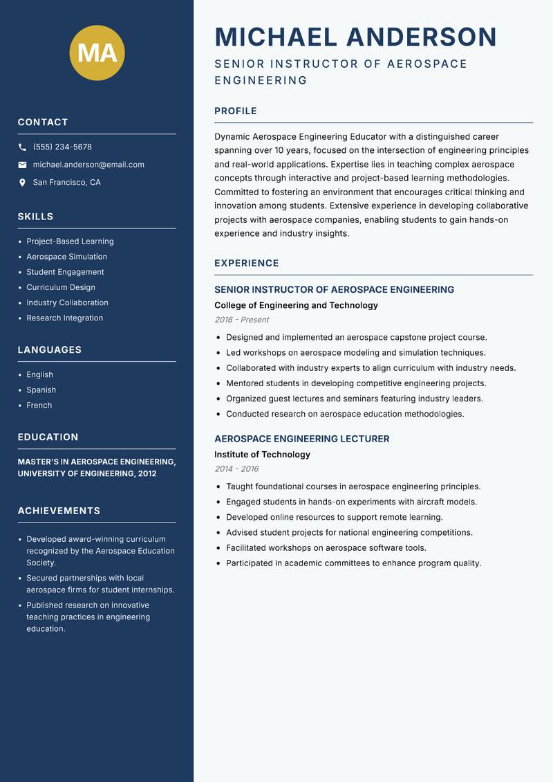 Aerospace Engineering Educator resume template — Classic Clean