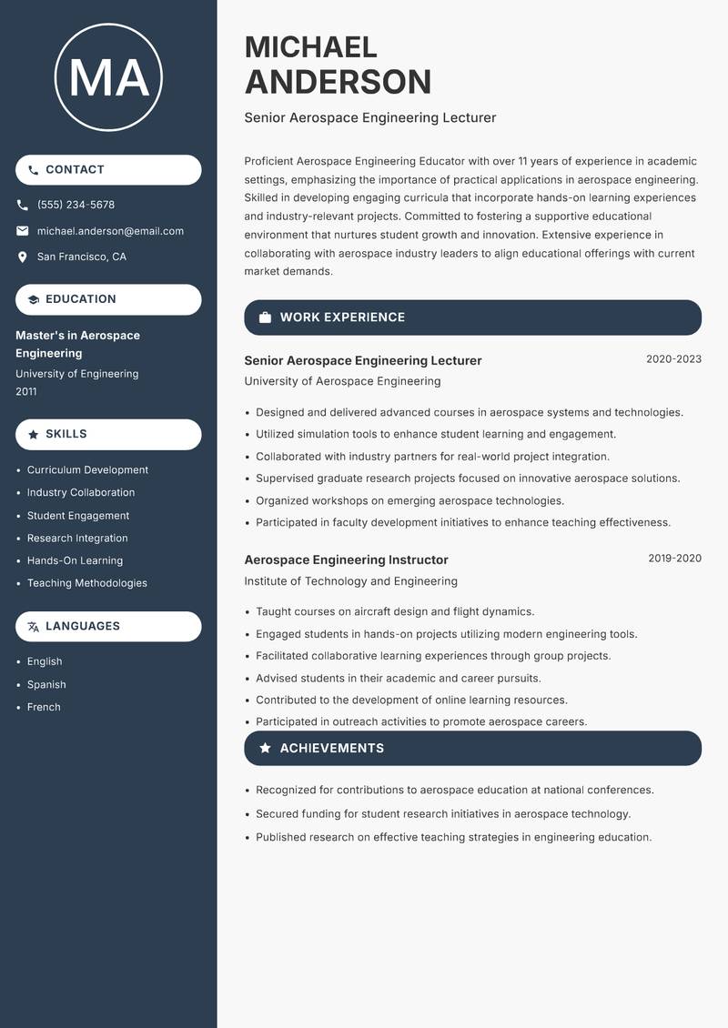 Aerospace Engineering Educator resume template — Compact