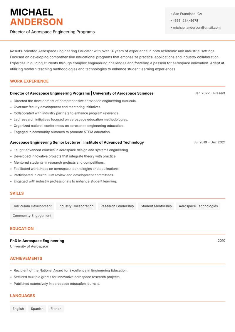 Aerospace Engineering Educator resume template — Modern Professional