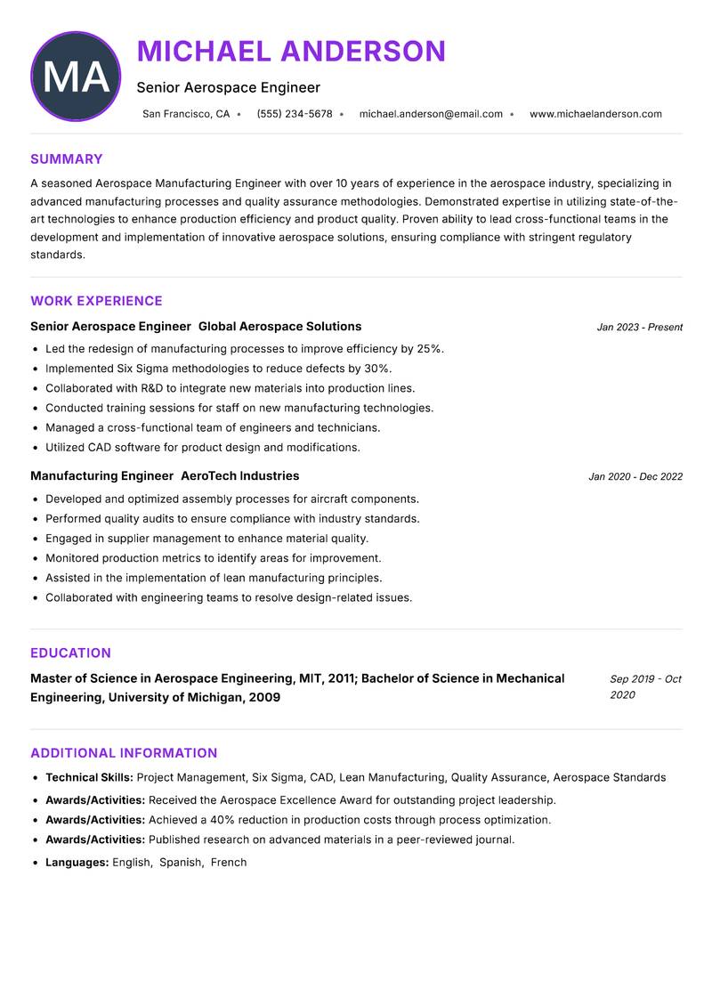 Aerospace Manufacturing Engineer resume example — ATS-friendly template