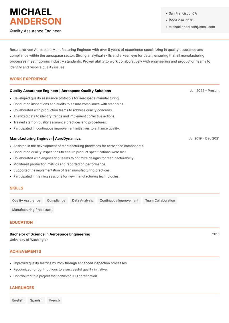Aerospace Manufacturing Engineer resume template — Modern Professional