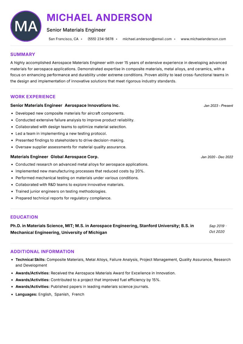 Aerospace Materials Engineer resume example — ATS-friendly template