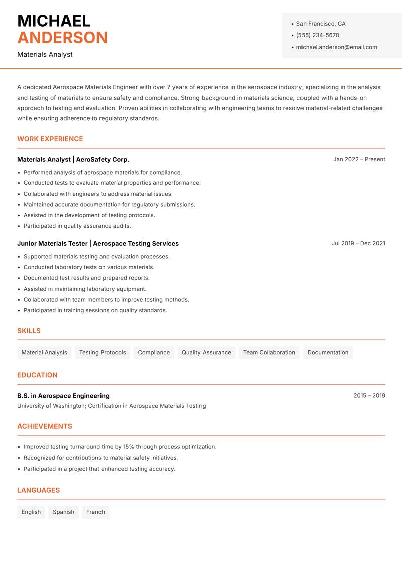 Aerospace Materials Engineer resume template — Modern Professional