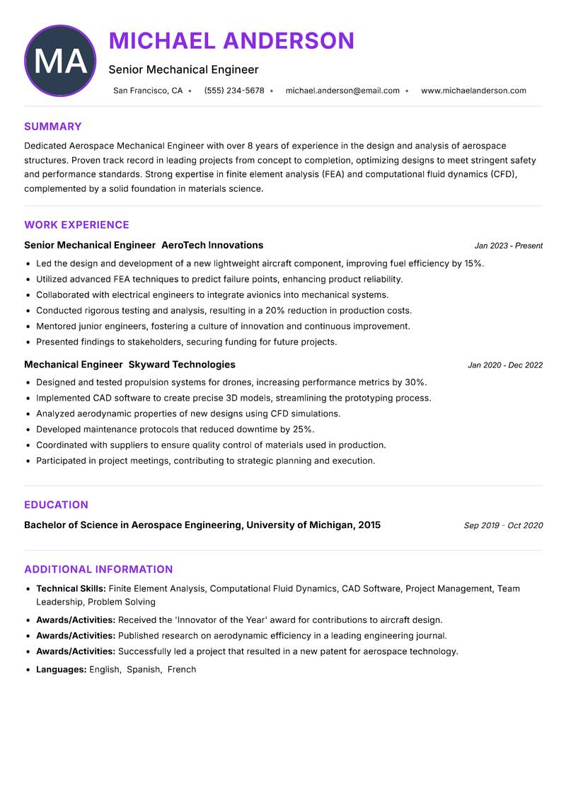 Aerospace Mechanical Engineer resume example — ATS-friendly template