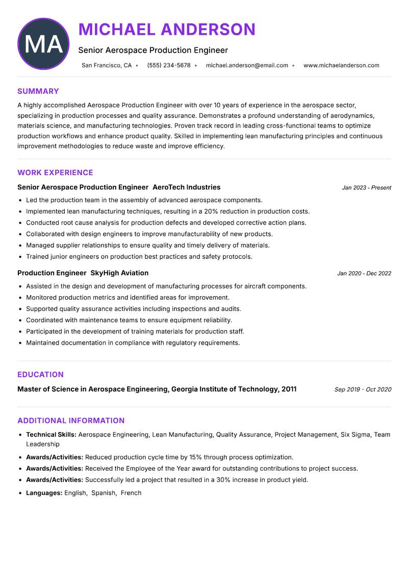 Aerospace Production Engineer resume example — ATS-friendly template