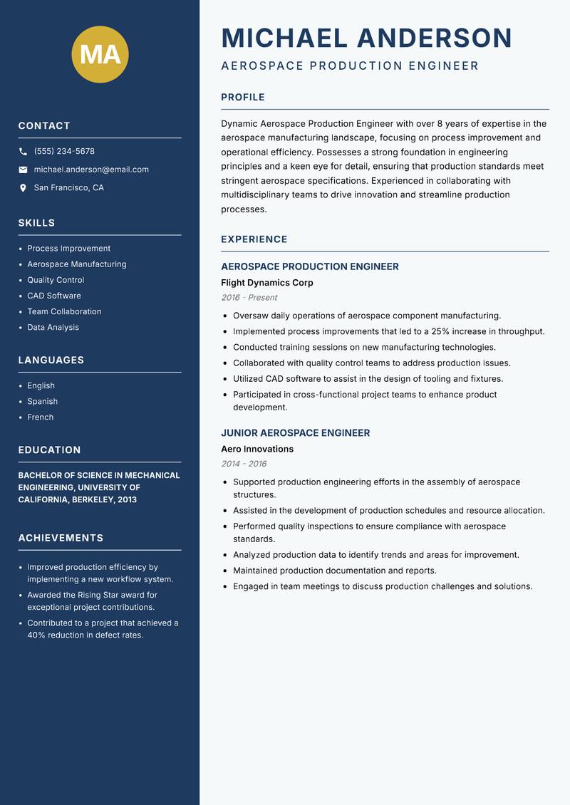 Aerospace Production Engineer resume template — Classic Clean
