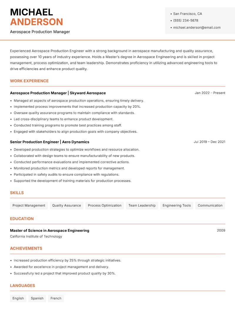 Aerospace Production Engineer resume template — Modern Professional
